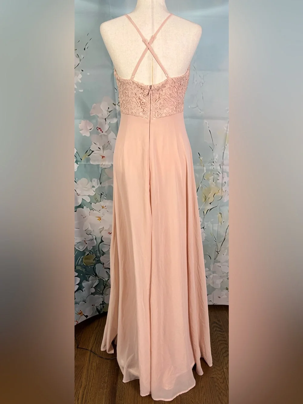 Lulus Madalyn Blush Lace Maxi Dress Zipper Back Adjustable Straps Medium EUC - Picture 5 of 16